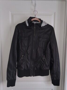 YMI Black Faux Leather Bomber Jacket Fur Lined Hood